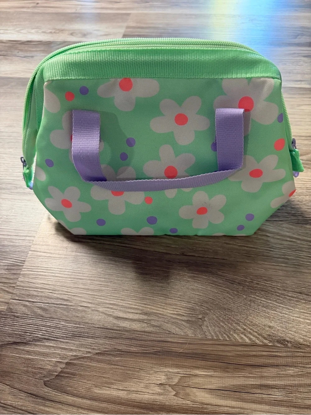 Mint Green Floral Lunch Tote with Lavender Handles